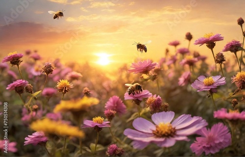 Group of bee is flaying at the flowers garden with beautiful sunset view in the summer season