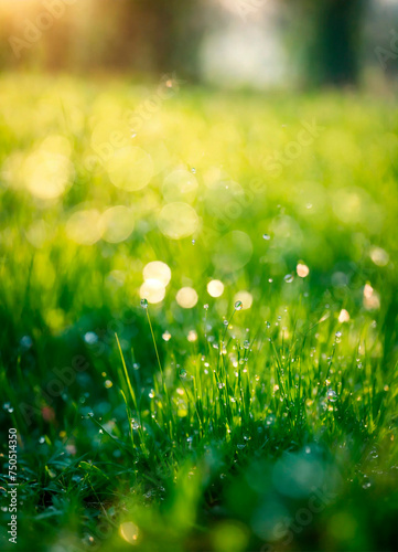 dew on the grass rays of the sun. Selective focus.