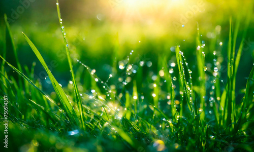 dew on the grass rays of the sun. Selective focus.