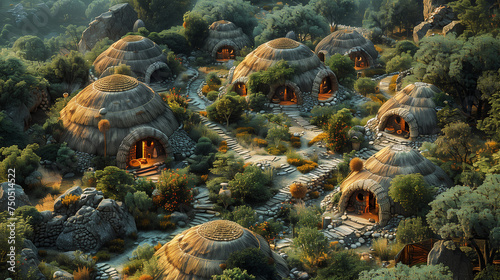 enchanted forest village with semi-spherical stone huts: structures seen from above at sunset