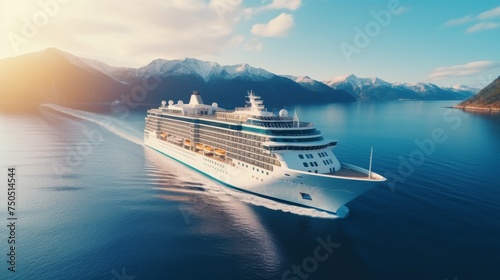 Grand cruise ship sails the vast ocean