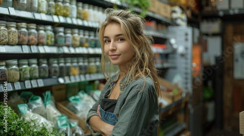 Young woman selling vegetarian food in containers. Young woman in eco-friendly zero waste shop.