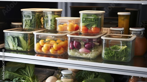 Refrigerator shelves, brimming with an array of fresh foods