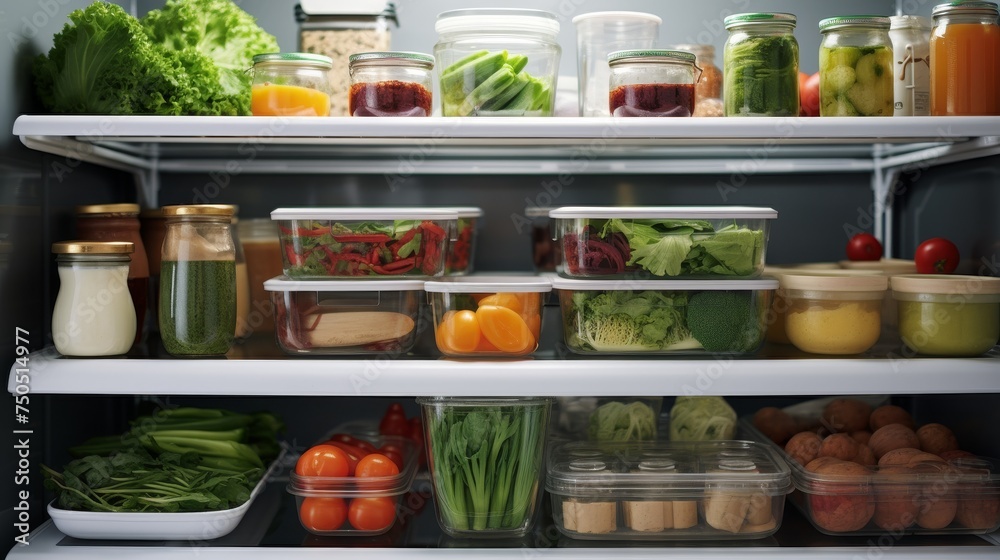 Refrigerator shelves, brimming with an array of fresh foods Refrigerator shelves, brimming with an array of fresh foods