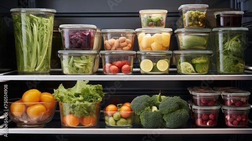 Refrigerator shelves, brimming with an array of fresh foods
