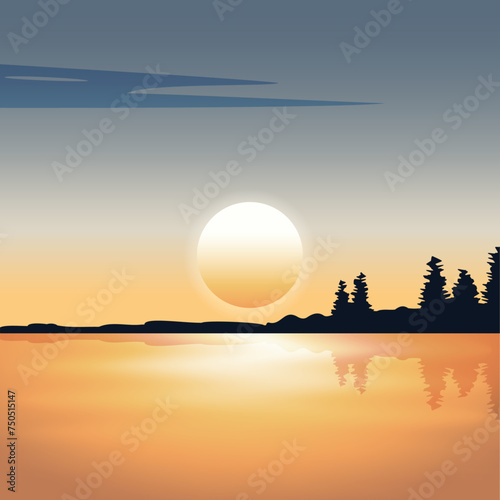 Beautiful sunset over the sea with land on the horizon