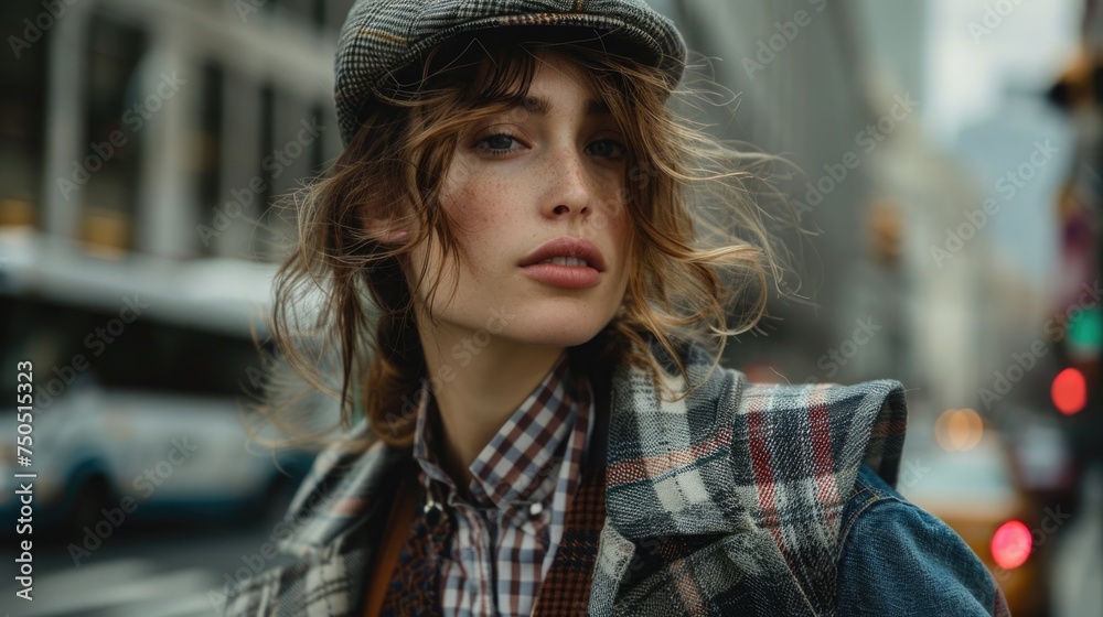 A close-up shot of a fashionista amid a bustling city, her eclectic grandpa style turning heads.