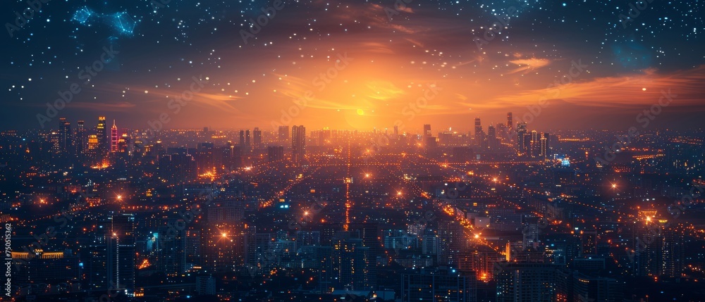 At night, a modern city is depicted with a wireless network connection and a cityscape concept. Wireless network and connection technology concept is presented with a city background.
