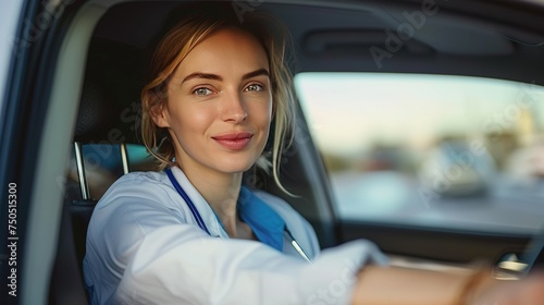 Nurse driving home after shift. Joyful nurse driving in a car. Healthcare work-life balance concept. © Danyilo