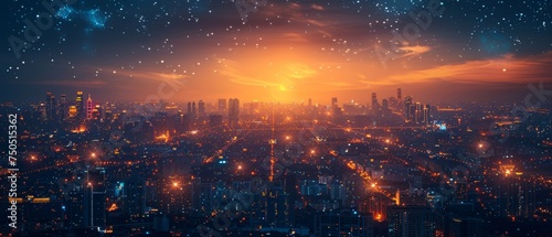 At night, a modern city is depicted with a wireless network connection and a cityscape concept. Wireless network and connection technology concept is presented with a city background.
