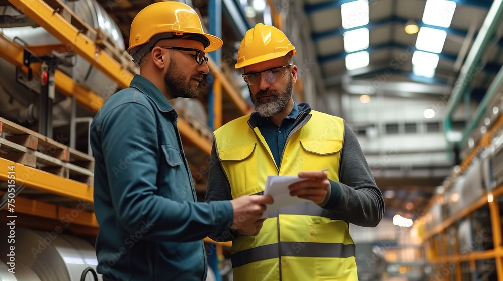 Engineer and foreman discuss factory project. Team management in modern facility. Warehouse safety. Engineer and foreman discuss factory project. Team management in modern facility. Warehouse safety.