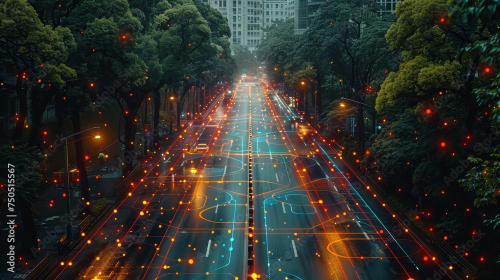 Flyover road automatic sensing system with radar signal system. Conceptual design for smart city commute transportation network. - obrazy, fototapety, plakaty 