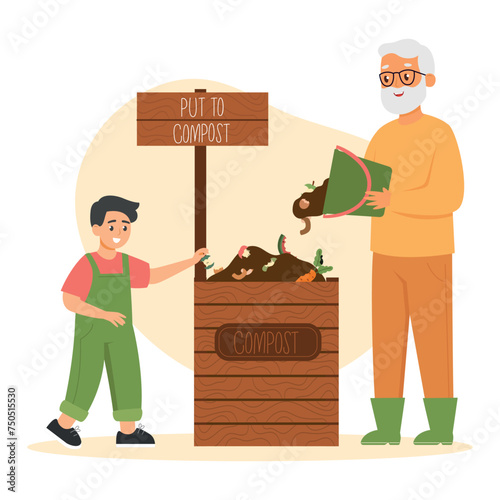 Grandfather and kid throw leftovers to compost bin. People sorting organic garbage. Vector illustrations in flat style.