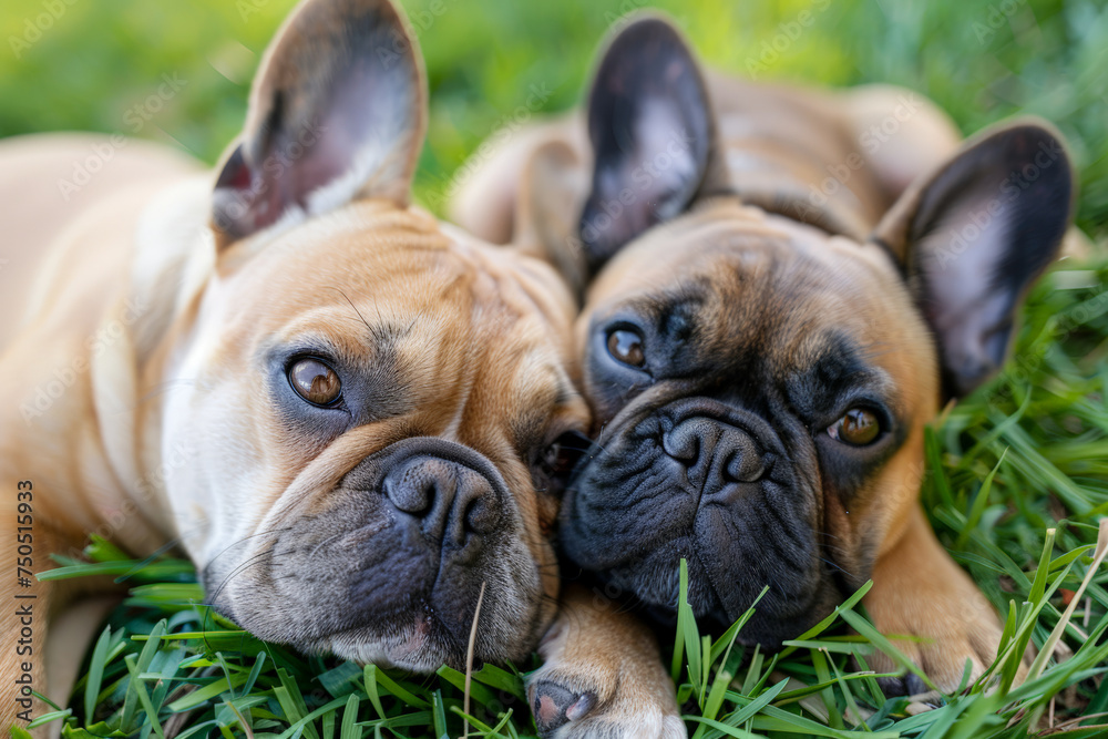 Two French bulldog lying on green grass 