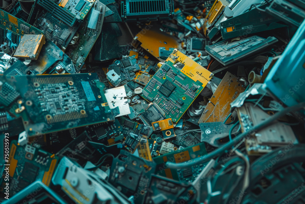 E-waste heap from discarded laptop parts, electronics industry, sorting and disposal of electronic waste, selective focus E-waste heap from discarded laptop parts, electronics industry, sorting and disposal of electronic waste, selective focus