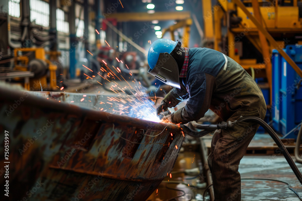 Industrial Welder at Work: A skilled welder in a blue hardhat and protective gear expertly welds a large metal structure, sparks flying in a dynamic and gritty industrial setting