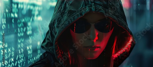 A cyberpunk female hacker wearing hoodie and glasses on neon background. AI generated image photo