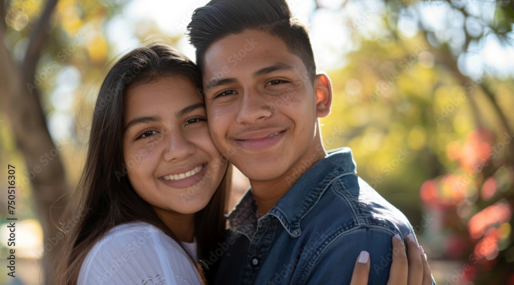 Young, couple and portrait of a man and woman posing together for love, bonding and dating. Happy, hispanic and romantic people radiating positivity outdoors for content, happiness and exploration Young, couple and portrait of a man and woman posing together for love, bonding and dating. Happy, hispanic and romantic people radiating positivity outdoors for content, happiness and exploration