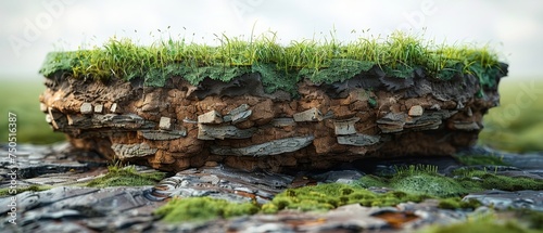 Round cross section of soil ground with green grass and earth ground, realistic 3D rendering circle cutaway terrain floor with isolated rocks