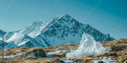 Plastic bag waste in front of a mountain background, environment pollution concept © Jira