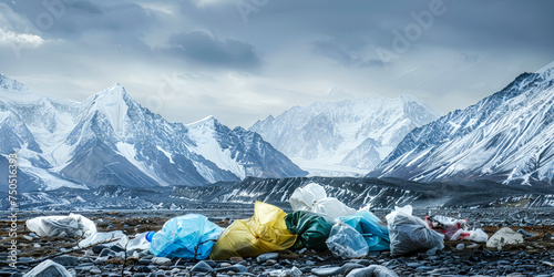 Many plastic bags waste in front of a mountain background, environment pollution concept © Jira