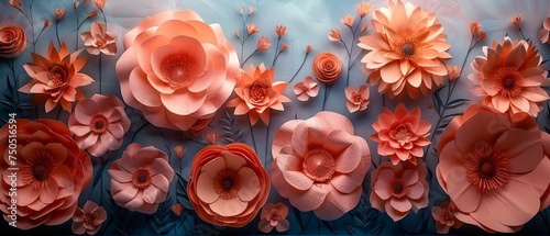 Paper flowers are arranged on a wall in a handmade craft creative abstract composition