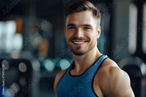 Muscular brunette man in sportswear, smiling and looking at the camera on the background of the gym with copy space. Personal trainer. The concept of a healthy lifestyle and sports  © dStudio