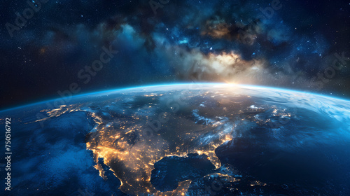Satellite view of Planet Earth  North America at night  sunrise  space milky way star constellation