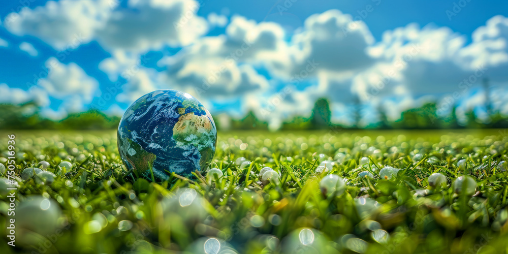 Earth on green grass with beautiful sky, save the world concept, earth day concept Earth on green grass with beautiful sky, save the world concept, earth day concept