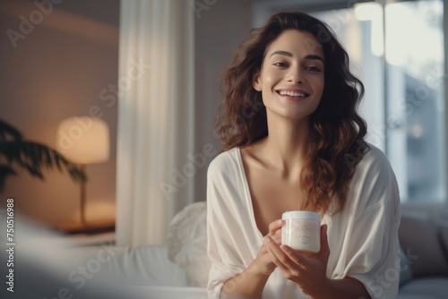 Woman with skincare product, serene morning, beauty routine.