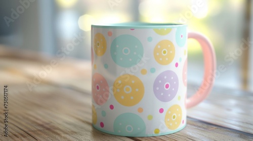 vibrant scene featuring a white mug decorated with a delightful pattern of pastel-colored donuts, resting on a wooden surface under the soft glow of natural light