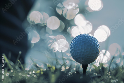 Golf ball on tee, surrounded by lush green fairway under a bright blue sky at night time, blurred bokeh background