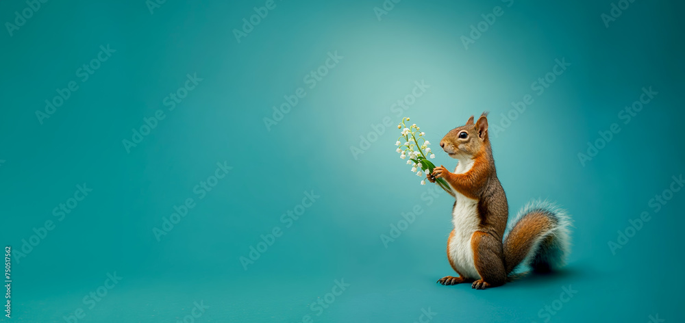 un écureuil avec un bouquet de muguet entre ses mains sur fond turquoise - obrazy, fototapety, plakaty 