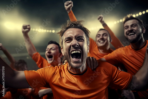 mens soccer football players celebrating a triumph win or winning a league, cup or tournament in a stadium by cheering in joy and punching the air elated in victory group of man male orange kit