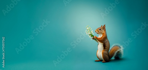 un écureuil avec un bouquet de muguet entre ses mains sur fond turquoise photo