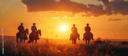Silhouettes of a group of cowboys gallop on desert at sunset scene. AI generated image © yusufadi