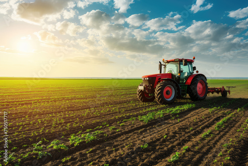 A red tractor tilling the soil in a sprouting field  bathed in the warm light of a setting sun.