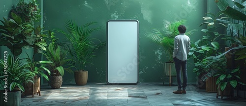 The figure is pointing at the screen of the device. A photo and 3D illustration of a man standing next to a 3D model of a smartphone with an empty white screen isolated on green background can be used photo