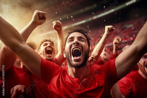 mens soccer football players celebrating a triumph win or winning a league  cup or tournament in a stadium by cheering in joy and punching the air elated in victory group of man male red kit