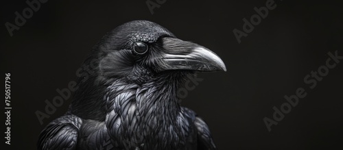 Portrait dark raven bird isolated on black background. AI generated image