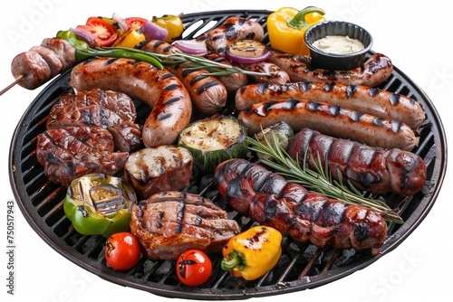 A barbecue grilled with meats and bratwursts and vegetables