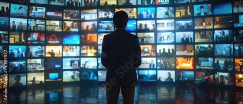 Back view of businessman looking at media wall with monitors. Big wall with tv screens.