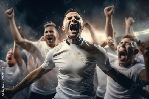 mens soccer football players celebrating a triumph win or winning a league, cup or tournament in a stadium by cheering in joy and punching the air elated in victory group of man male white kit