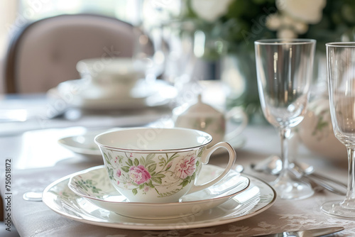 Elegant table setting with delicate floral themed dishes. Generative AI