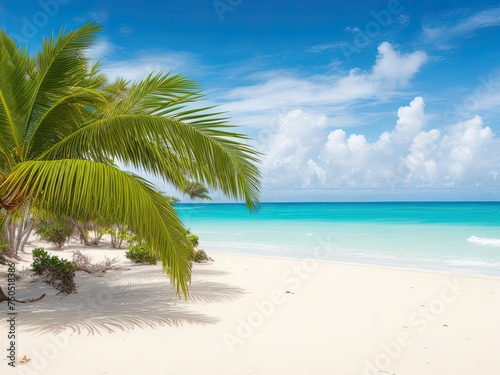Palm tree leaves and sand beach with a blurry background of the ocean