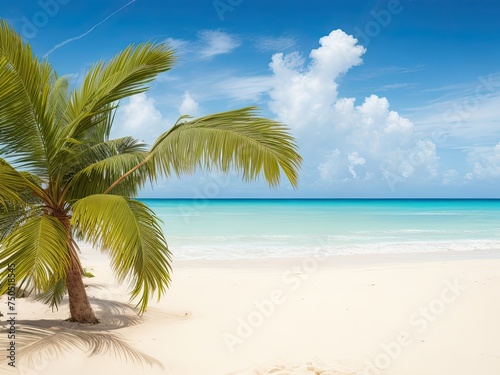 Palm tree leaves and sand beach with a blurry background of the ocean
