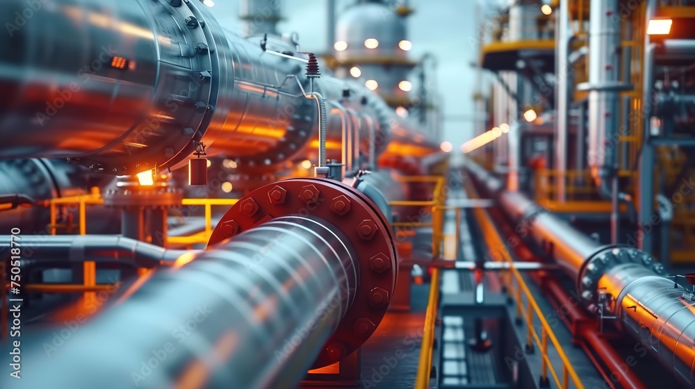 Closeup of pipelines at industrial plant for petroleum, chemical, or hydrogen production. Closeup of pipelines at industrial plant for petroleum, chemical, or hydrogen production.