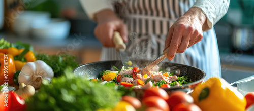 A chef prepares a colorful stir-fry with fresh vegetables in a pan in a vibrant kitchen setting.