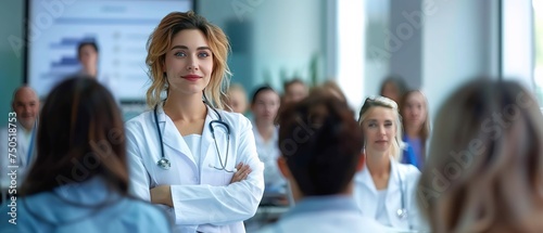 Female doctor speaks at healthcare conference. Nurses attend education event. Medical lecture. photo
