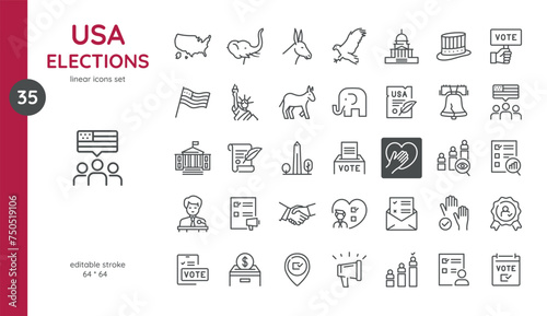 USA Elections Icons Set. Editable Stroke Illustrations of United States US President or Congress Elections, Voting Ballot, Voting Ballot Box, Politic Party, Monitoring. Isolated Outline Vector Signs.	
